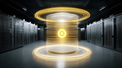 server room alarm icon hologram hovering above overheated rack risk mitigation metaphor illustration concept scene visual for commercial design use high detail quality stock image illustration concept