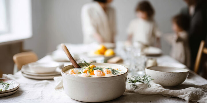 Elegant Table Setting with Creamy Soup in Focus – Festive Atmosphere. AI generative.