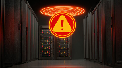 server room alarm icon hologram hovering above overheated rack risk mitigation metaphor illustration concept scene visual for commercial design use high detail quality stock image illustration concept