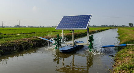 Solar powered water pump in irrigation canal