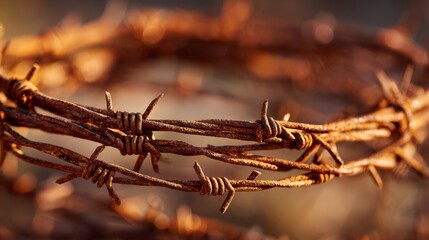 Rusty Barbed Wire Coils Against Softly Blurred Background in Warm Tones Capturing Texture and Detail of Metal Elements