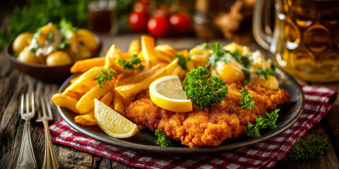 Traditional Wiener Schnitzel with French Fries, Potato Salad and Beer in Rustic Alpine Inn Setting. AI generative.