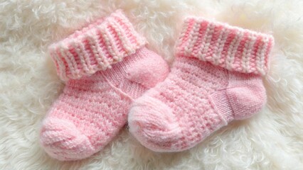 A cozy pair of warm, pink baby socks knitted from soft wool on a matching background