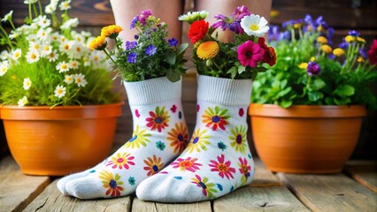 Rain boots and gardening tools next to colorful spring flowers in pots