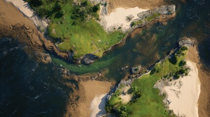 Aerial view showcasing a vibrant river weaving through a sandy shoreline with patches of green vegetation