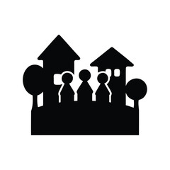 Monochrome image depicts stylized houses and figures suggesting neighborhood community