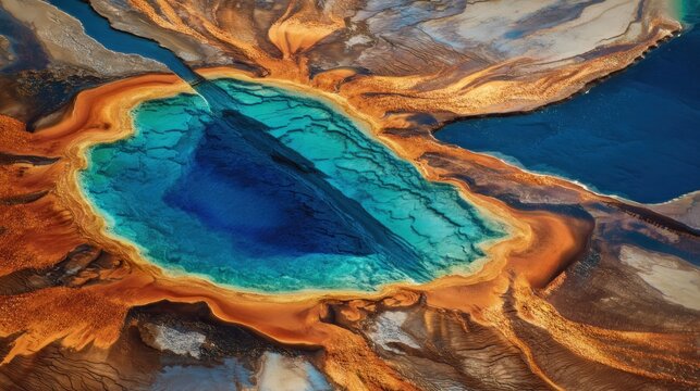 Aerial view showcases a vibrant, geothermal spring with striking blue and orange hues, natural beauty - Powered by Adobe