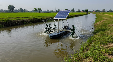 Solar powered water pump in irrigation canal