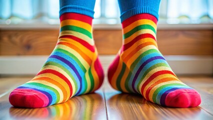 A woman wears fun, colorful striped socks and warm stockings on her feet
