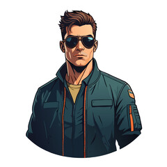 Obraz premium Tough guy vector illustration of a rugged man wearing sunglasses and a jacket with orange accents standing confidently in a neutral background