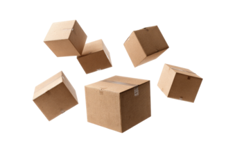 Several cardboard boxes, various angles, in mid-air, light brown color,  seemingly floating