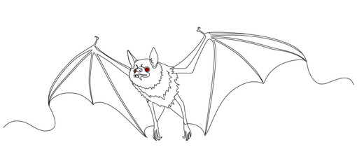 Minimalist continuous line drawing of a bat with wings fully spread and glowing red eyes, creating a dark and eerie atmosphere