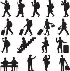 Travelers and Tourists Silhouettes Collection with Luggage and Phones people suitcase
