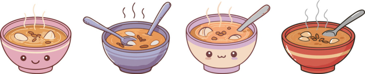 Cute kawaii bowl of warm soup with smiling face for older persons. International Day of Older Persons