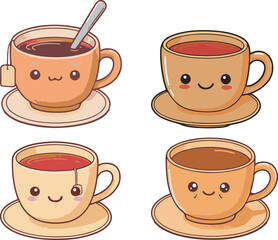Cute kawaii cup of tea with smiling face for older persons. International Day of Older Persons