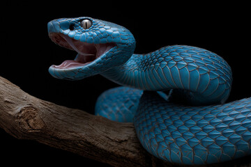 Fototapeta premium A blue snake with its tongue out, coiled on the branch of an ancient tree