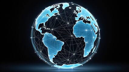 Futuristic digital Earth with glowing arcs connecting continents, abstract visualization of global networks.