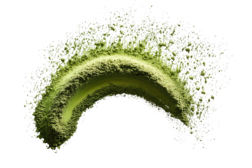 Abstract, light green powder forming a crescent or arc shape, surrounded by a halo of smaller particles