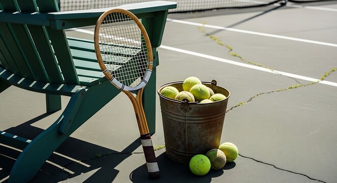 A tennis racket leans against a chair near a bucket full of tennis balls on a court.