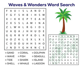 word search puzzle featuring ocean themes and palm tree