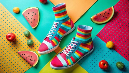 A pair of colorful summer flip flops isolated on a black background
