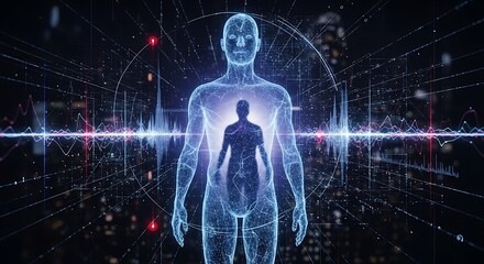 Futuristic humanoid figure transformed by digital energy and data