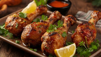 Fototapeta premium Spicy tandoori chicken legs garnished with coriander and lemon wedges on black tray. 