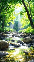 Sunlit Stream in Lush Forest.