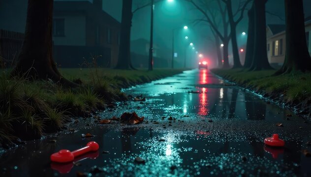 A chillingly realistic crime scene investigation; evidence markers surround a disturbed area, suggesting a violent struggle and a hasty escape , murder weapon, detective work, crime scene tape