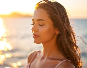 Woman with closed eyes at sunset by the water
