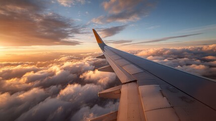 Airplane wing piercing fluffy clouds at dawn or dusk, bathed in warm golden sunlight