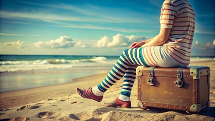 A beautiful woman relaxes with her suitcase on the sunny coast, enjoying a summer vacation