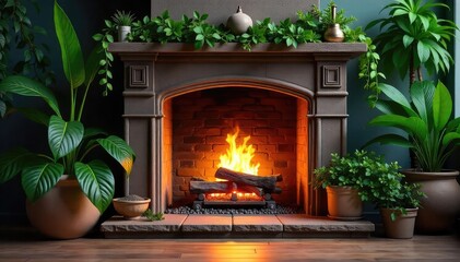 A cozy fireplace with lush green plants surrounding it, casting a warm, inviting glow Perfect for home decor, interior design, and relaxation themes , wood, glow, fern