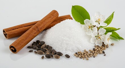 Spices and blossoms on white background
