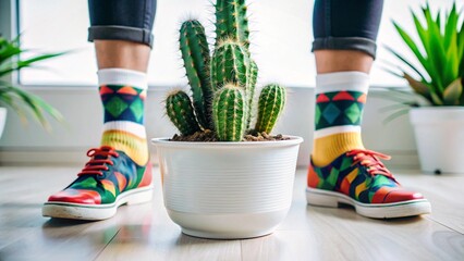 Feet in striped wool socks and green boots standing on grass