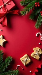 Empty red paper, gift, cookies, candy, fir on wood Christmas mail concept , pine, fir