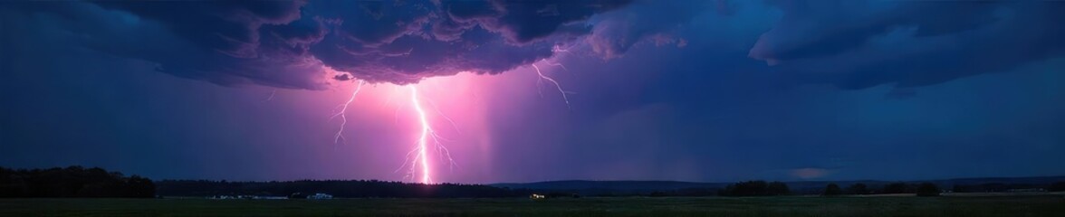 Dramatic Lightning Storm Over Landscape, Vibrant Bolt Illuminates Dark Sky, Powerful Nature Photography