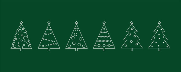 Christmas tree, set of icons, contour isolated on green, festive simple line illustration, vector. Decorative abstract element for decoration, design, postcards, labels, greetings