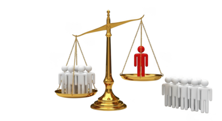 A golden scale balances a single red person against a group of white people, symbolizing inequality or unfairness, isolated on transparent background