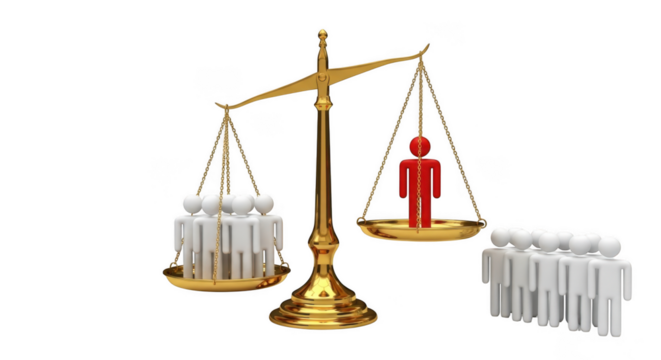 A golden scale balances a single red person against a group of white people, symbolizing inequality or unfairness, isolated on transparent background