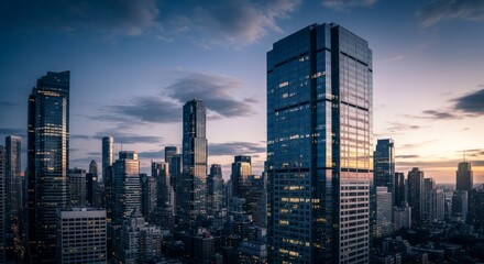 Fototapeta premium Cityscape at dusk with modern skyscrapers and buildings.