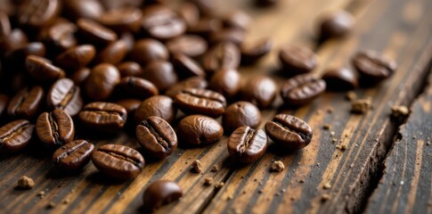 Fototapeta premium Roasted coffee beans scattered on rustic wood surface, vintage, retro, dark brown