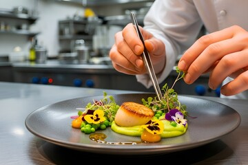 Professional chef meticulously plating a gourmet dish in a modern kitchen, highlighting culinary artistry and vibrant, fresh ingredients.