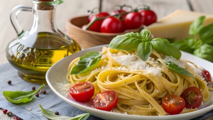 Delicious pasta dish with fresh tomatoes and basil