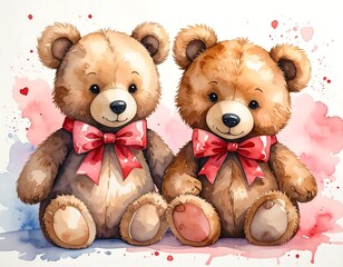Two teddy bears, seated side-by-side, wearing rosy red bows, against a backdrop of watercolor splashes