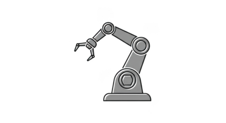 A gray robotic arm with a gripper is shown against a plain transparent background, symbolizing automation and industry
