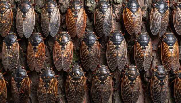 Seamless pattern of periodical cicadas on tree trunks, detailed texture