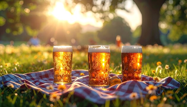 Beers on picnic at sunset