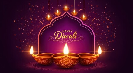 Happy diwali greeting with three lit diya oil lamps in an ornate archway, surrounded by festive confetti and bokeh lights