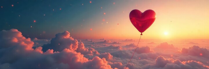 Fototapeta premium A lonely heart-shaped balloon floats away, symbolizing the search for love and companionship in a vast, empty space Perfect for depicting the feeling of being single and searching , view, solitude